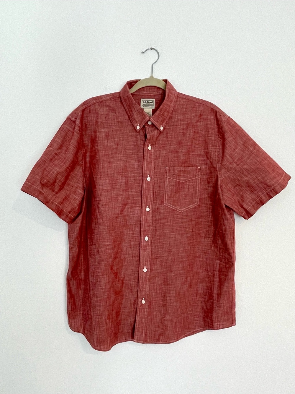 L.L. Bean Traditional Fit Men's Short-Sleeve Button-Down Shirt in Red Chambray